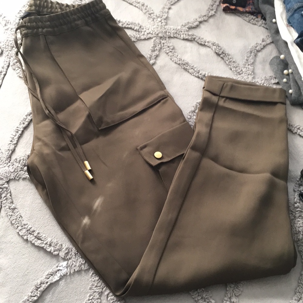 Army green silky drawstring cargo pant